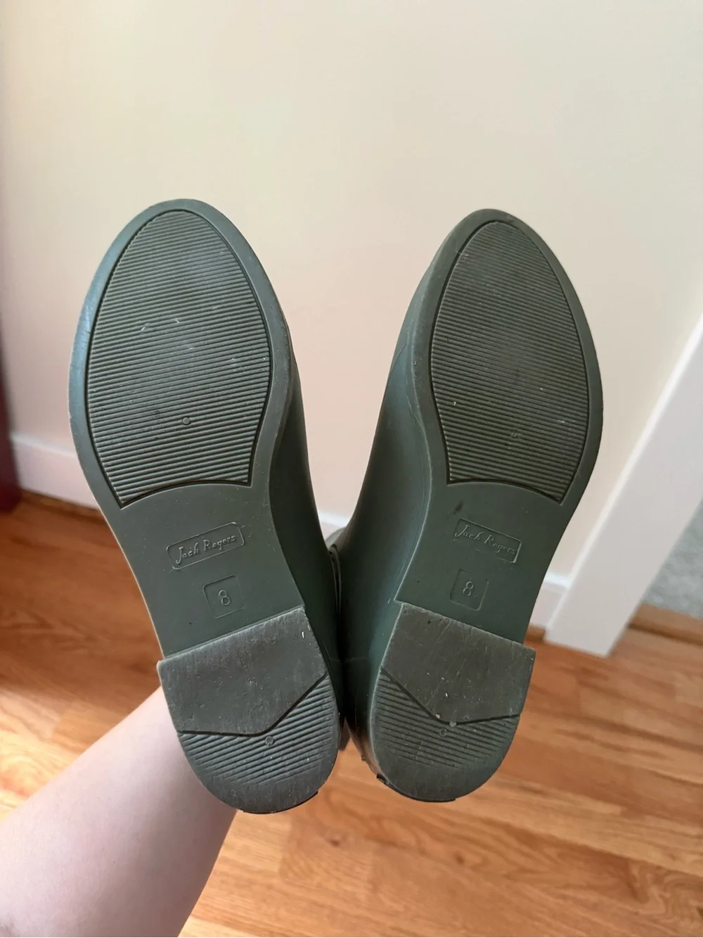 Jack Rogers Olive Green Chelsea Rain Ankle Boots with Gold Scalloped Trim